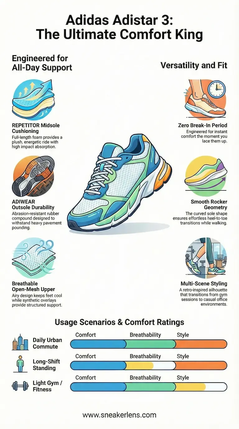 Adidas Adistar 3 running shoe with blue, green, and orange accents, highlighting REPEATER midsole cushioning, ADIWEAR outsole, and breathable mesh upper.