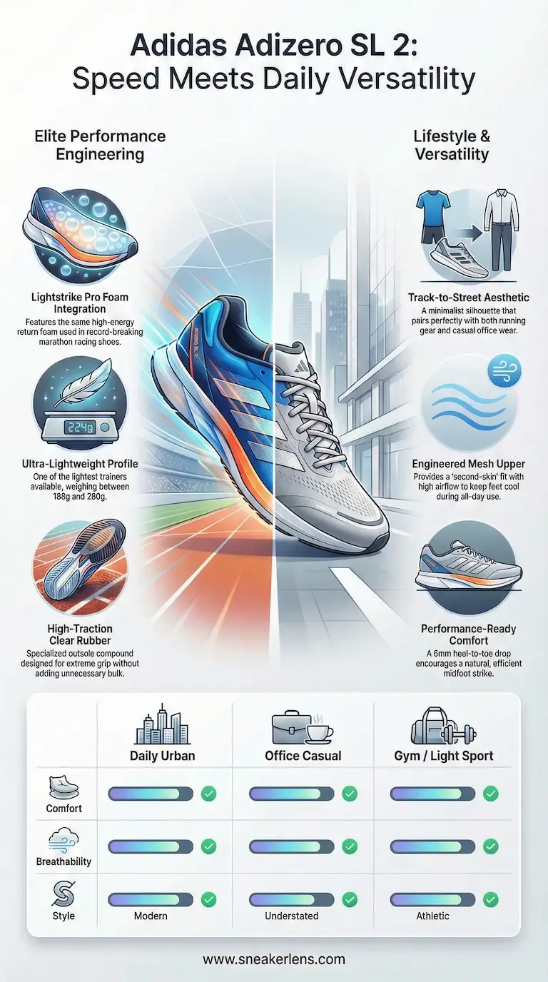 Adidas Adizero SL 2 sneakers infographic highlighting elite performance engineering, lifestyle versatility, and multi-scenario suitability for daily urban, office casual, and gym use.