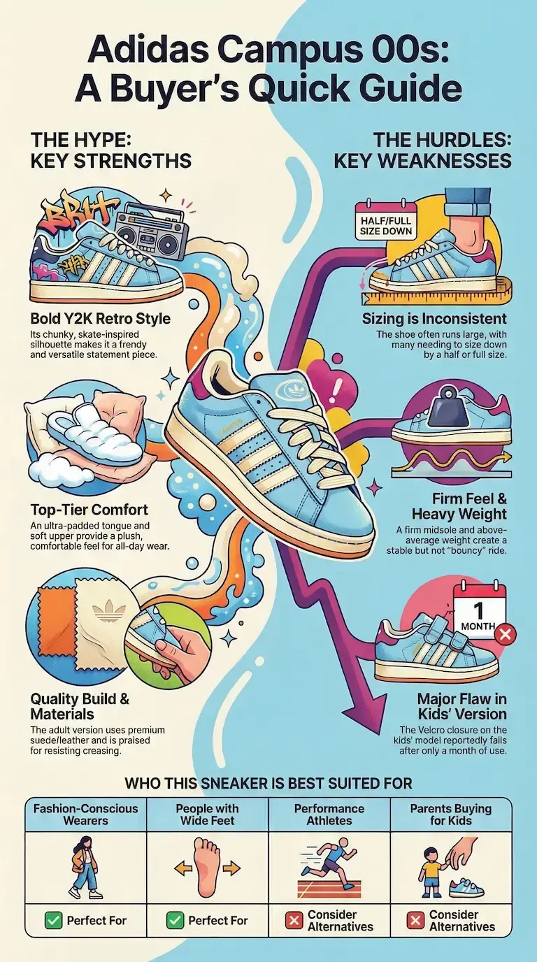 Adidas Campus 00s: Bold Y2K style & plush comfort. Premium suede with inconsistent sizing. Firm feel; kids' version has durability issues.