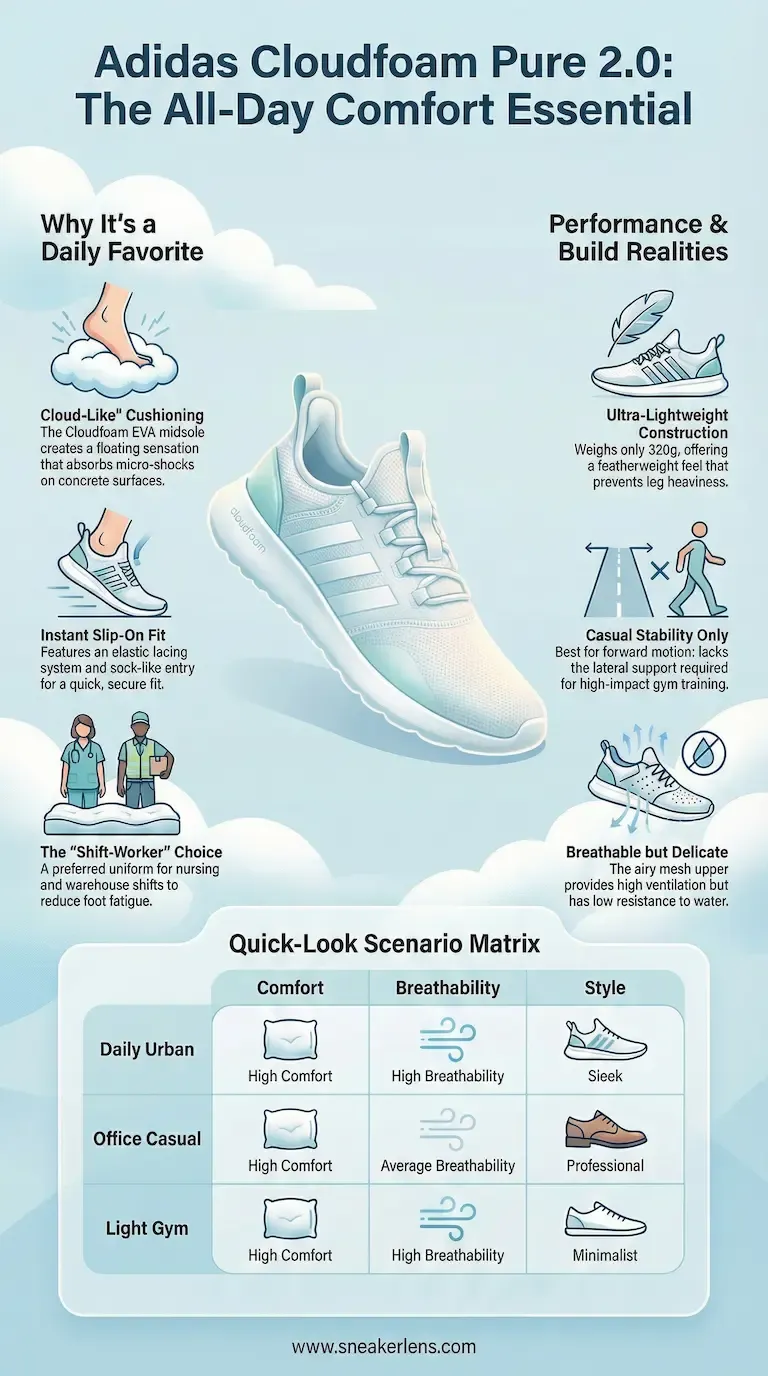 Adidas Cloudfoam Pure 2.0 sneakers infographic feature cloud-like EVA cushioning and ultra-lightweight construction (320g) for all-day comfort.