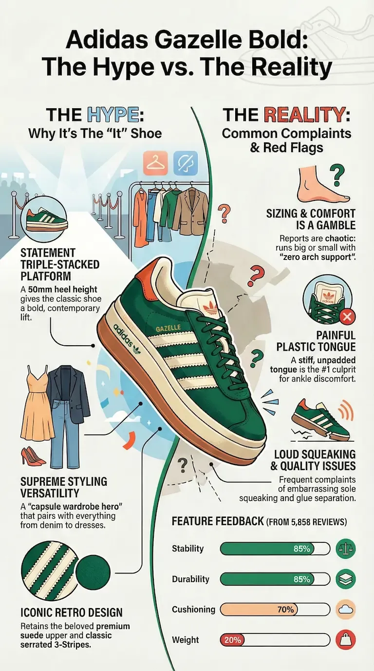 Infographic review of the Adidas Gazelle Bold showing its platform design, style strengths, comfort issues, sizing problems, and quality concerns.