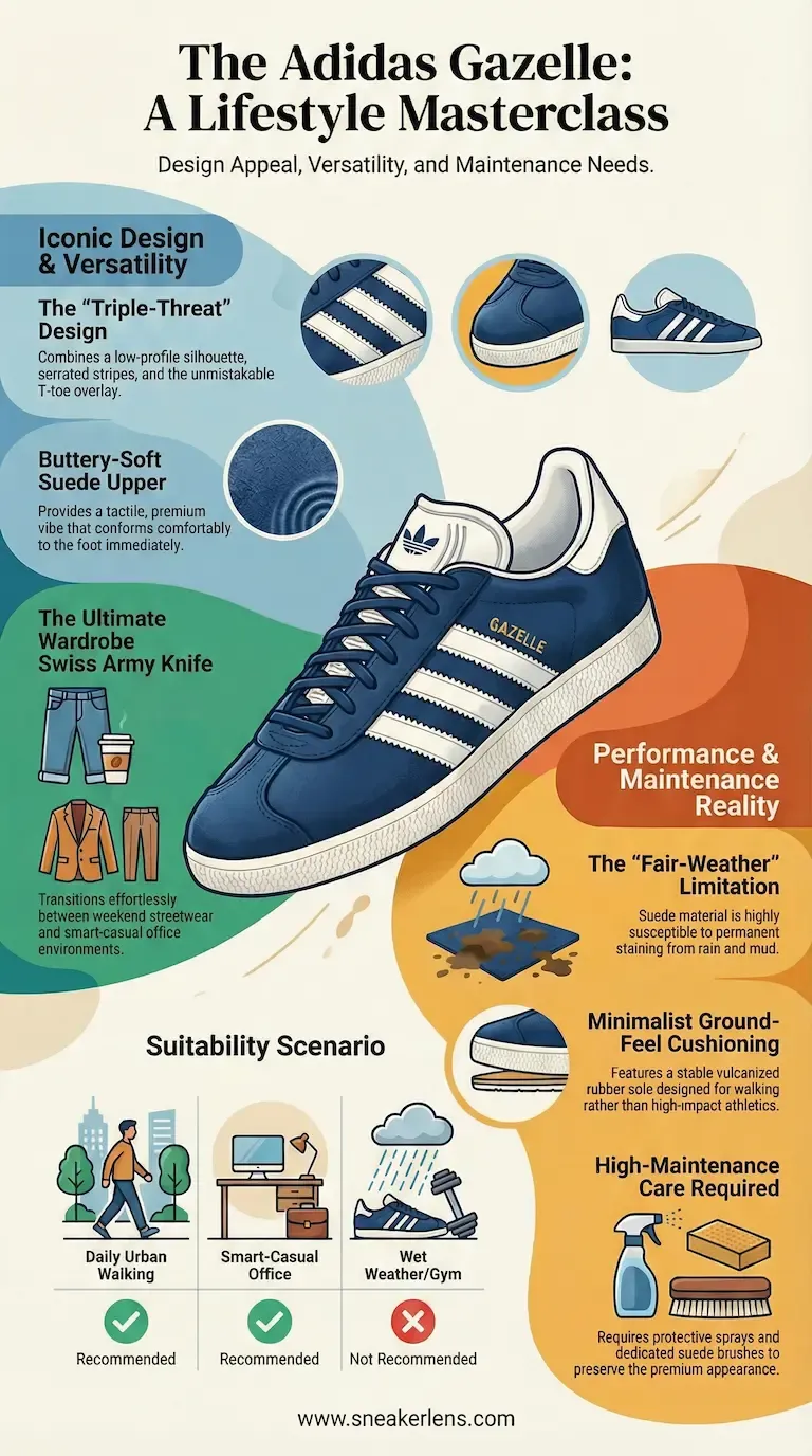 Adidas Gazelle lifestyle sneaker infographic highlighting iconic triple-stripe design, buttery-soft suede upper, and versatility for urban walking and smart-casual settings.