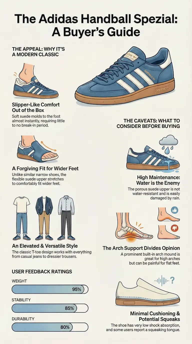Infographic review of the Adidas Handball Spezial highlighting comfort, wide-foot fit, suede maintenance issues, arch-support concerns, and durability ratings.