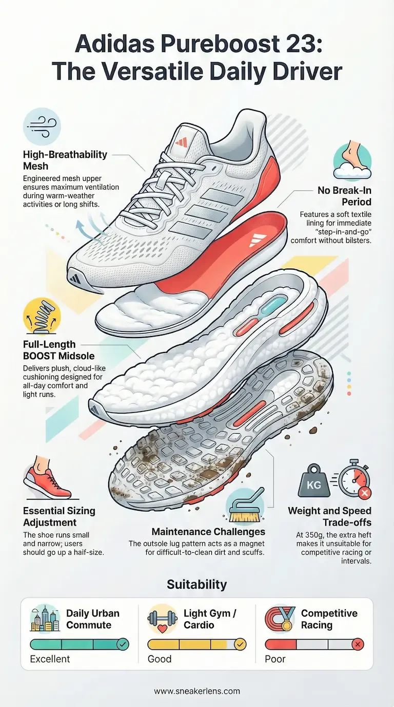 Adidas Pureboost 23 running shoe with full-length BOOST midsole and high-breathability mesh upper. Ideal for daily urban commutes and light gym sessions—comfort-focused, not for racing.