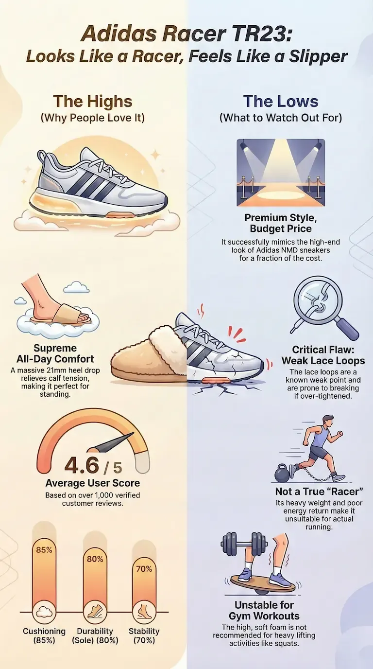 Infographic review of the Adidas Racer TR23 highlighting comfort, cushioning, durability scores, weak lace loops, running limitations, and gym instability.