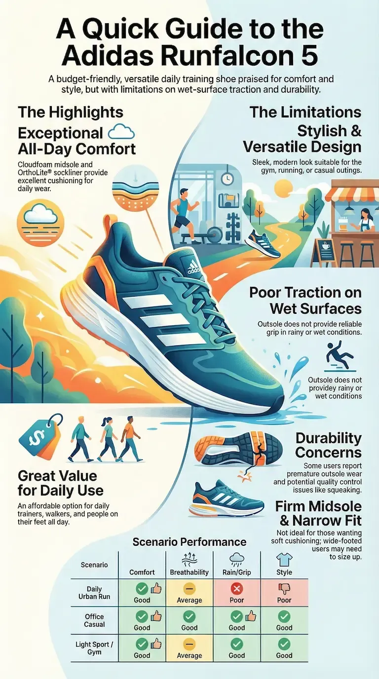 Infographic review of the Adidas Runfalcon 5 highlighting comfort, daily-use value, wet-surface traction issues, durability concerns, and scenario performance.