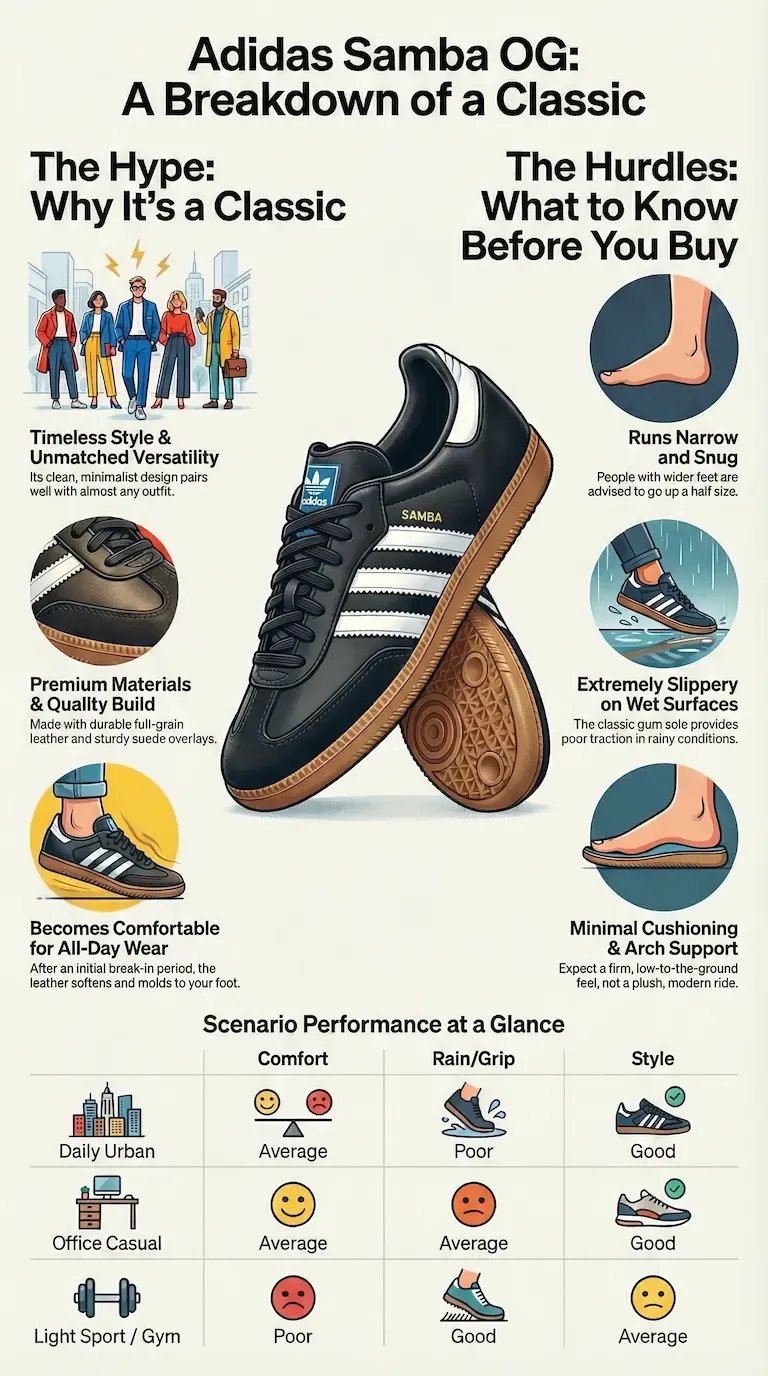 Infographic review of the Adidas Samba OG highlighting its timeless style, snug fit, slippery wet-surface grip, minimal cushioning, and scenario performance.