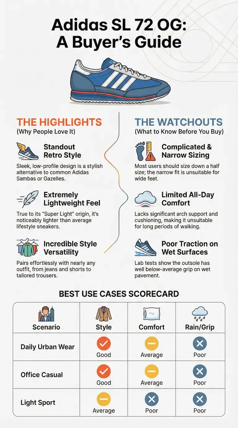 Infographic review of the Adidas SL 72 OG highlighting its retro style, lightweight feel, narrow sizing, limited comfort, and poor wet-surface traction.