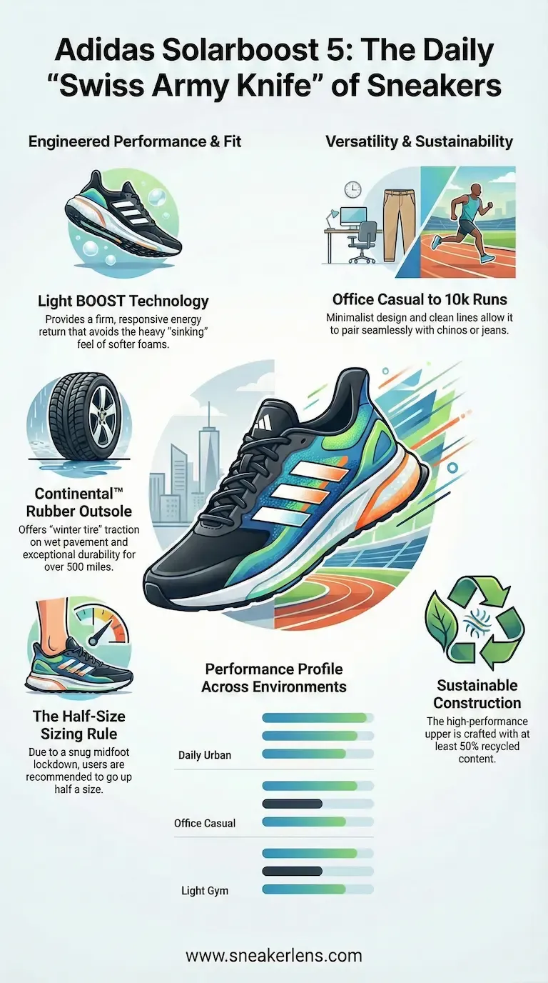 Adidas Solarboost 5 running shoe with vibrant blue, green, and orange accents. Engineered for daily urban wear, office casual, and light gym sessions.