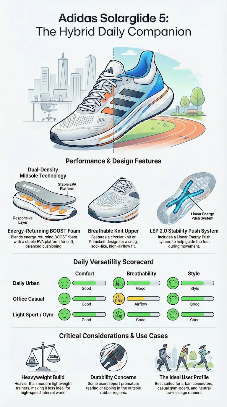 Adidas Solar Glide 5 running shoe with hybrid design for daily wear—combining BOOST foam cushioning, breathable knit upper, and LEP 2.0 stability system.