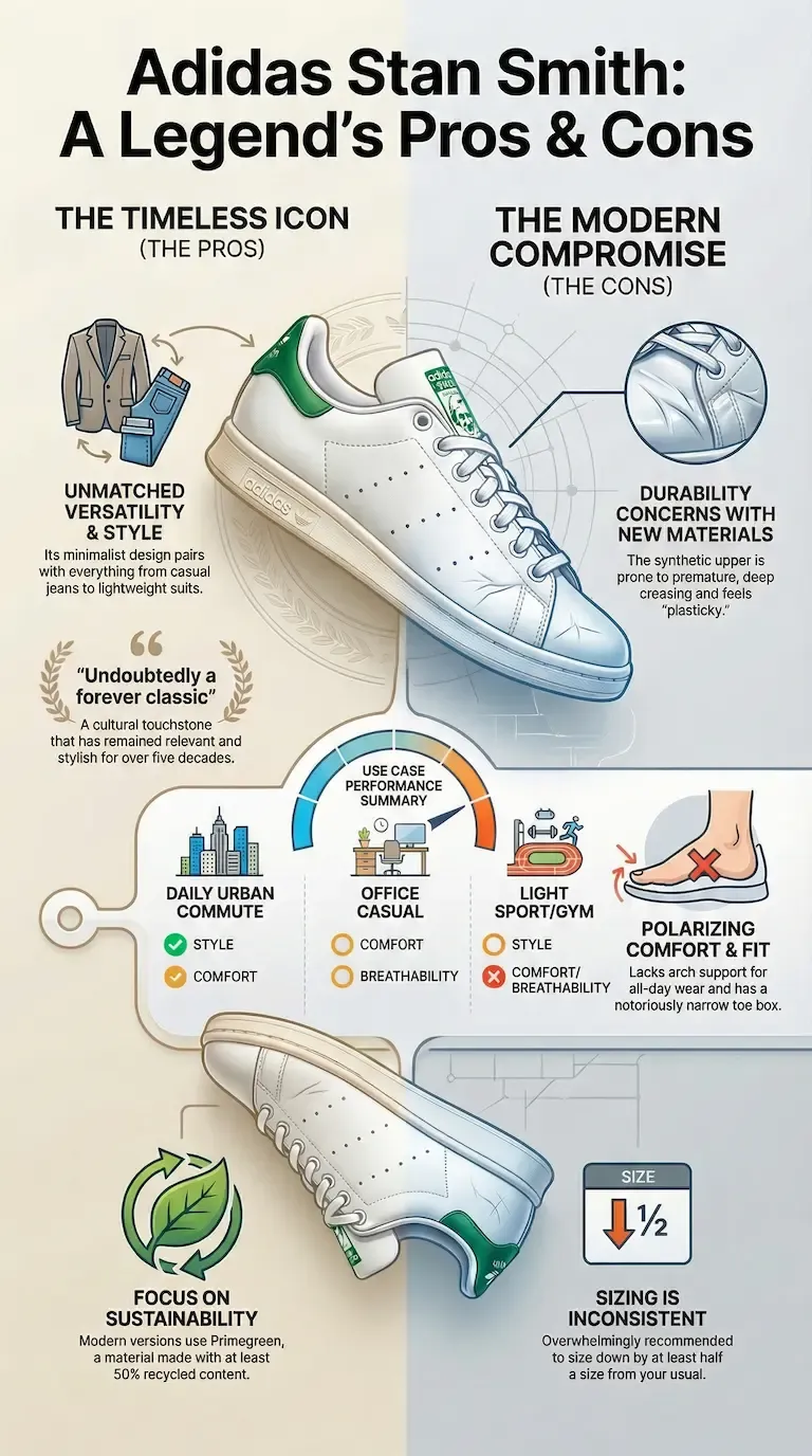 Infographic review of the Adidas Stan Smith showing its versatility, classic style, sustainability updates, durability concerns, narrow fit, and sizing issues.