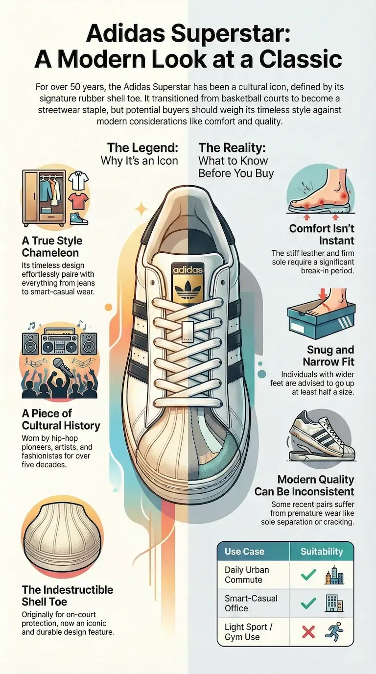 Adidas Superstar infographic covering its iconic shell toe, style versatility, cultural history, fit issues, break-in period, and modern quality concerns.