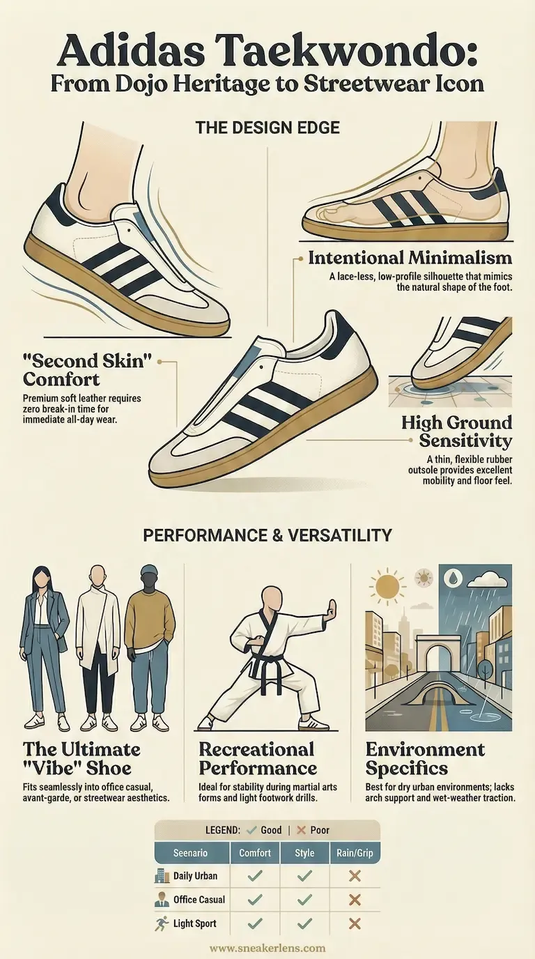 Adidas Taekwondo laceless sneakers—inspired by dojo heritage—offer second-skin comfort, high ground sensitivity, and streetwear versatility for urban, office, and light sport use.