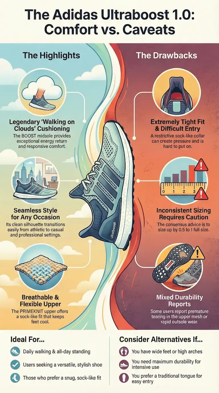 Infographic summary of the Adidas Ultraboost 1.0 showing its cloud-like cushioning, seamless stylish design, and breathable Primeknit upper, along with drawbacks such as a very tight collar, inconsistent sizing, and mixed durability reports.