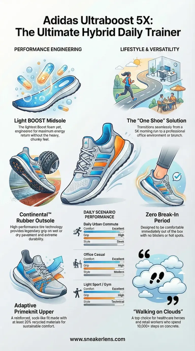 Adidas Ultraboost 5X hybrid daily trainer with Light BOOST midsole for energy return and Continental rubber outsole for grip. Designed for comfort from day one, perfect for running and everyday wear.