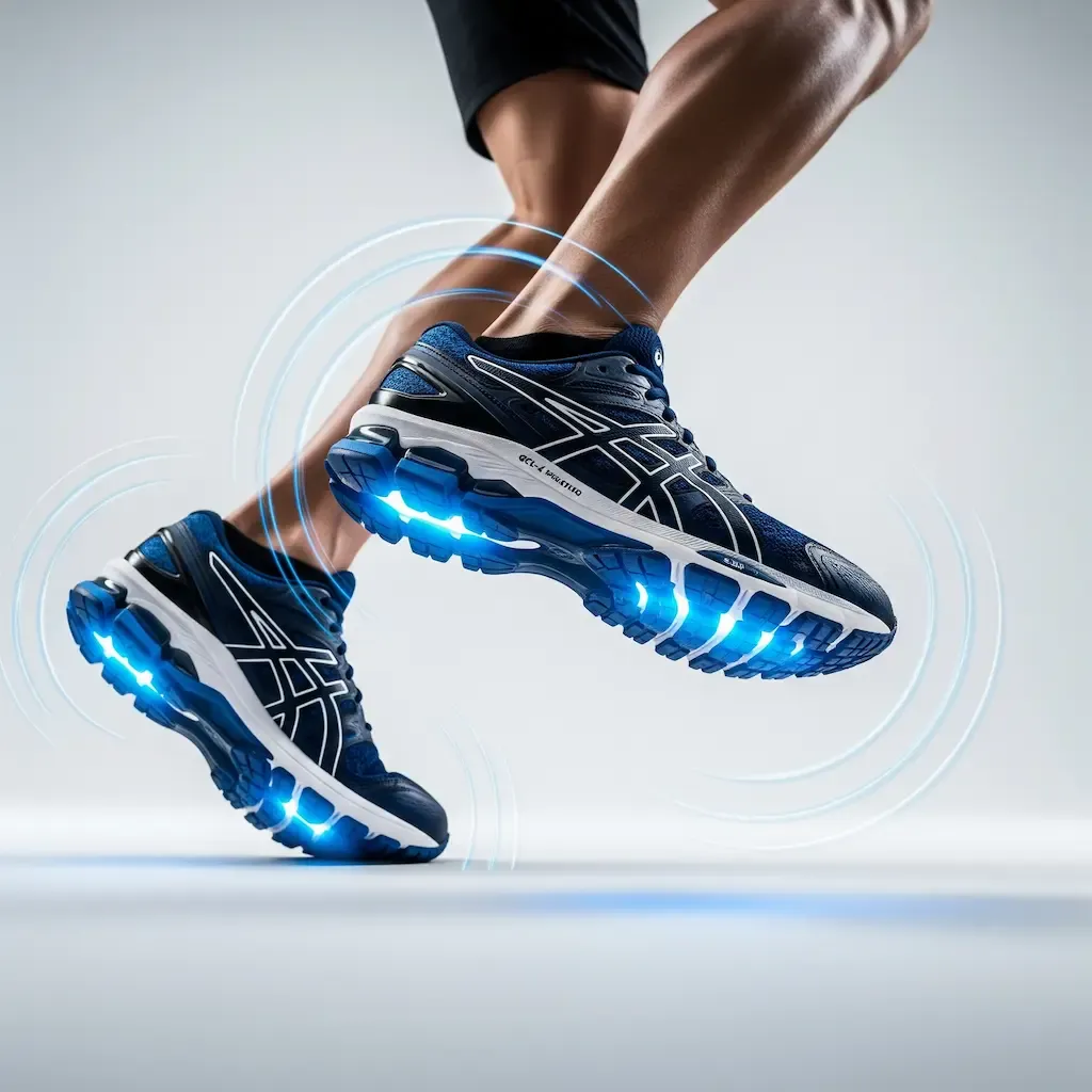 Square image of a cobalt-blue ASICS Gel-style shoe with glowing gel pods against a clean white backdrop.