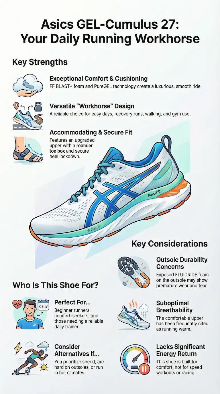Asics GEL-Cumulus 27 infographic highlighting comfort, cushioning, versatile daily-trainer use, roomy fit, durability issues, breathability limits, and low energy return.