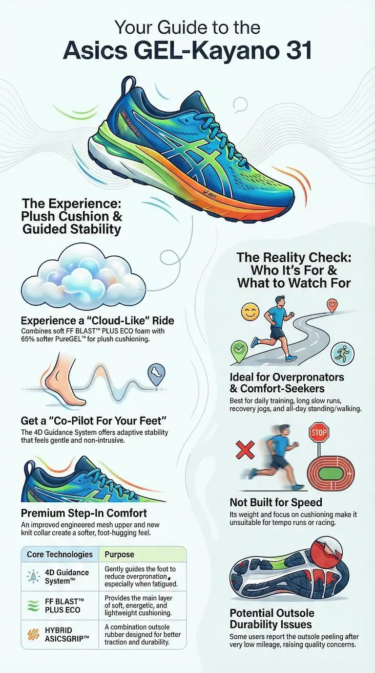 Asics GEL-Kayano 31 infographic explaining cushioning, 4D Guidance stability, ideal runner type, pros, cons, and outsole durability concerns.