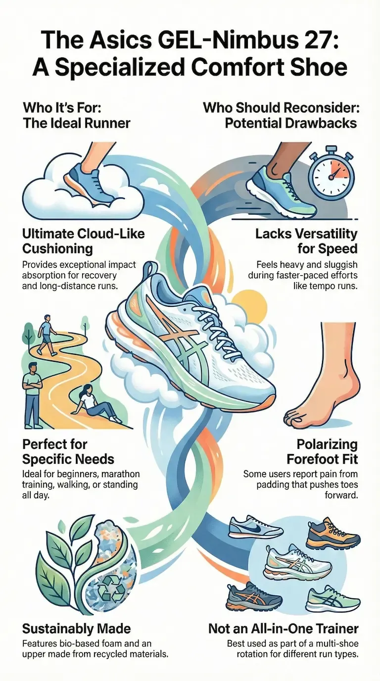 Infographic of the Asics GEL-Nimbus 27 highlighting cloud-like cushioning and recovery comfort, beginner-friendly design and drawbacks such as heavy feel for speed workouts and limited versatility as an all-in-one trainer.