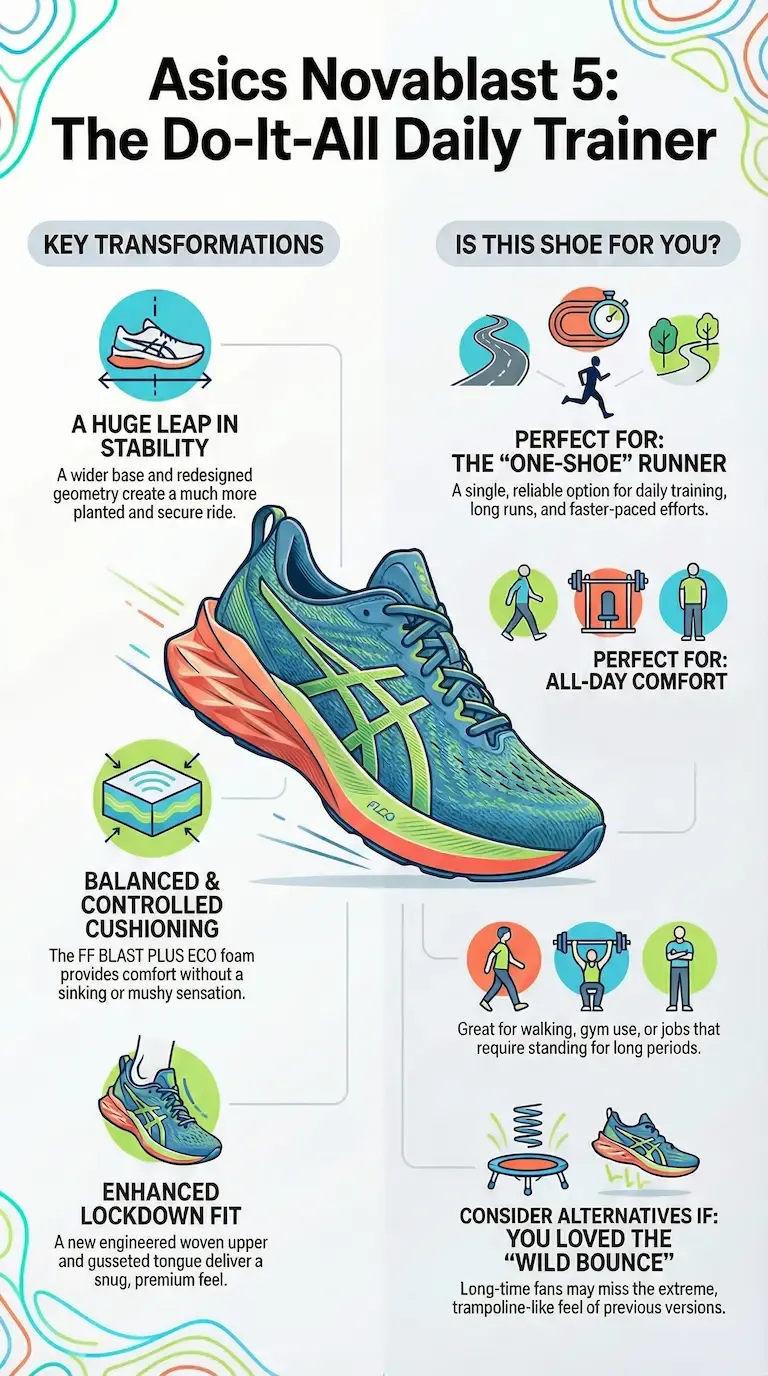 Infographic titled 'Asics Novablast 5: The Do-It-All Daily Trainer'. Key transformations highlighted include a huge leap in stability with a wider base and balanced FF BLAST PLUS ECO foam cushioning.