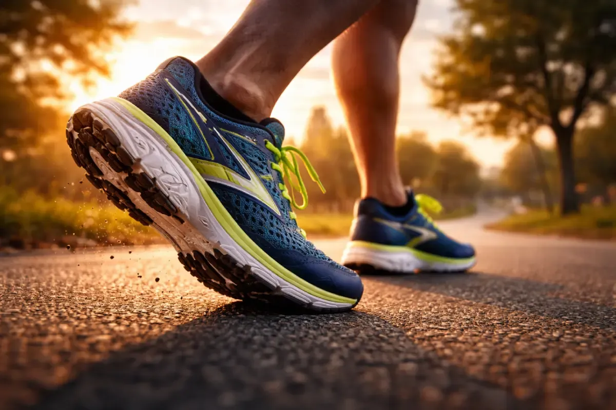 Close-up low-angle shot of a runner wearing blue and yellow Brooks running shoes on an asphalt road during a golden hour run.