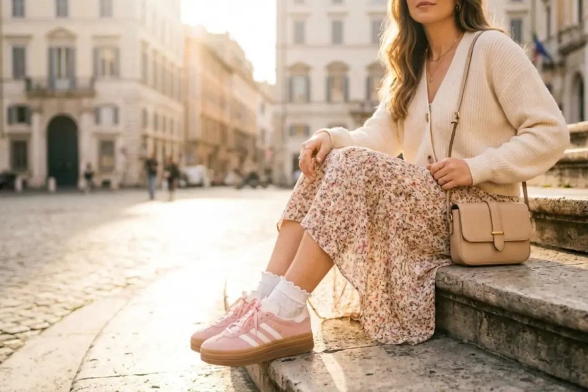 A fashion thumbnail showing a woman with a soft aesthetic, wearing pink Adidas Gazelle Bold platform sneakers, a floral midi dress, and a cream cardigan in a sunlit urban setting.