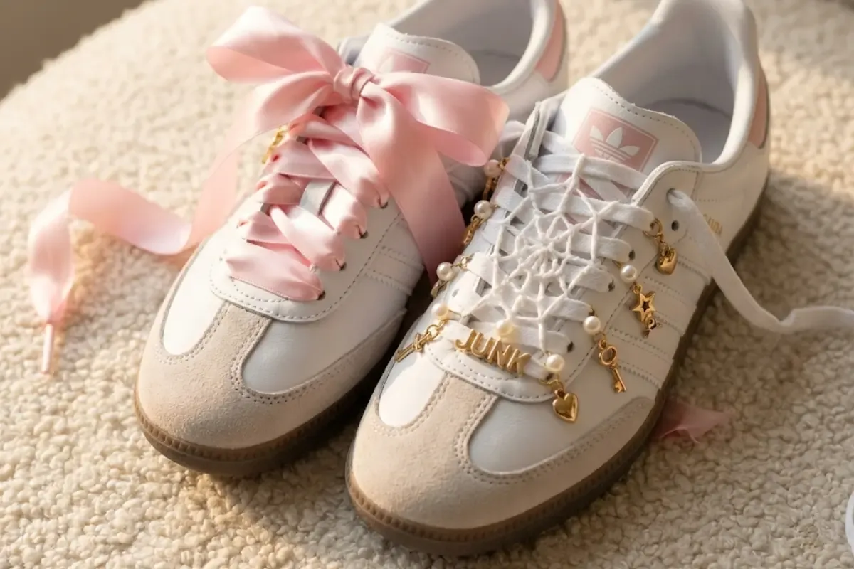 Close-up of white Adidas Samba sneakers showcasing creative lacing styles, including the viral coquette pink ribbon lace trend and the maximalist 'Junk Samba' look with pearl and gold charm customizations.