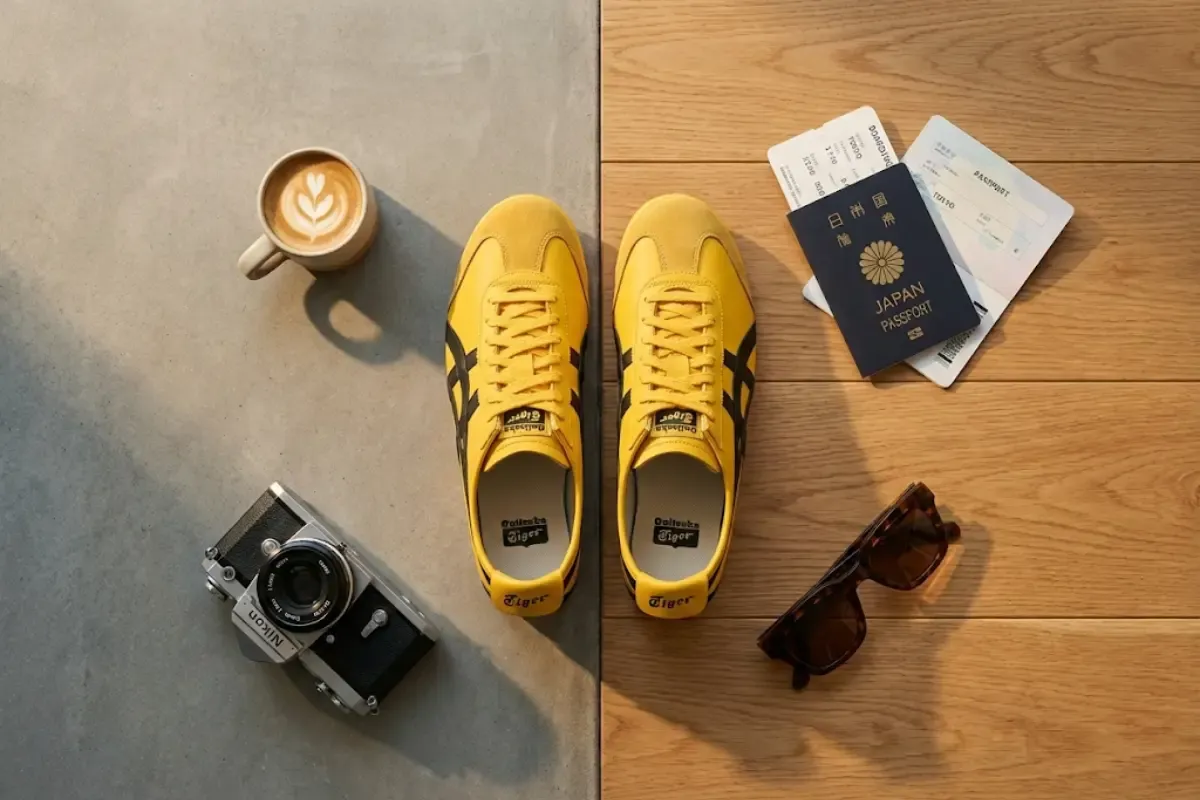 Flat lay of yellow and black Onitsuka Tiger Mexico 66 sneakers surrounded by a coffee cup, vintage camera, passport, and sunglasses representing different fashion personalities.