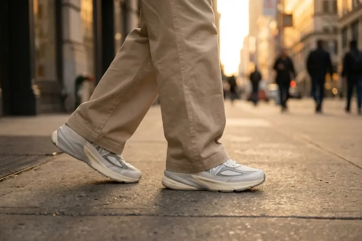 Street style outfit featuring chunky white platform sneakers paired with wide-leg chinos, illustrating the best sneakers that make you taller.