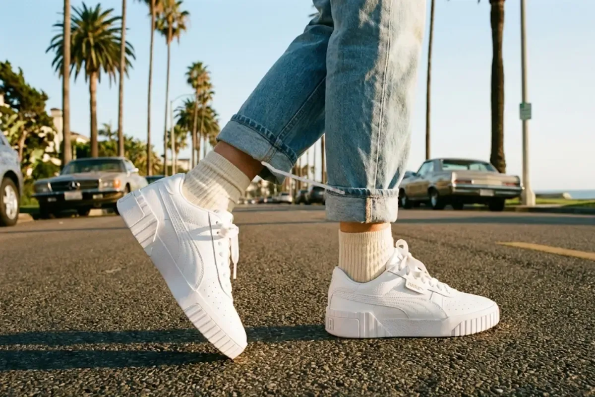 A close-up street style shot of a woman wearing white chunky Puma Cali sneakers and light wash denim jeans, walking on a sunny California street lined with palm trees.
