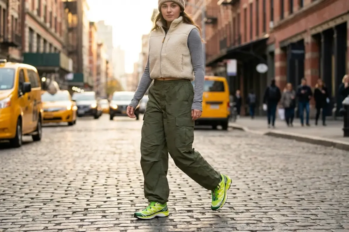 Stylish woman wearing Salomon XT-6 sneakers in an Urban Hiking Gorpcore outfit, featuring olive cargo pants and a sherpa fleece vest on a city street.