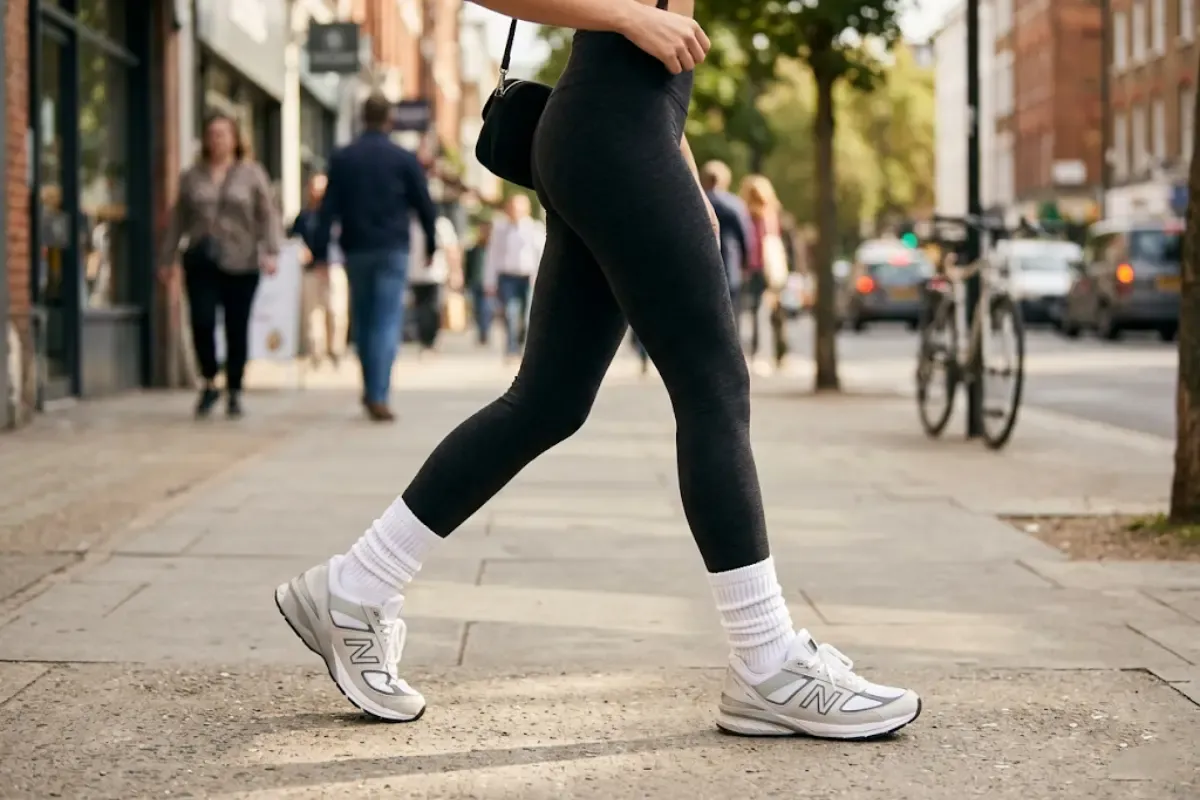 A close-up of a woman's legs walking on a city street, demonstrating how to style scrunched white crew socks over full-length black leggings paired with chunky retro sneakers.