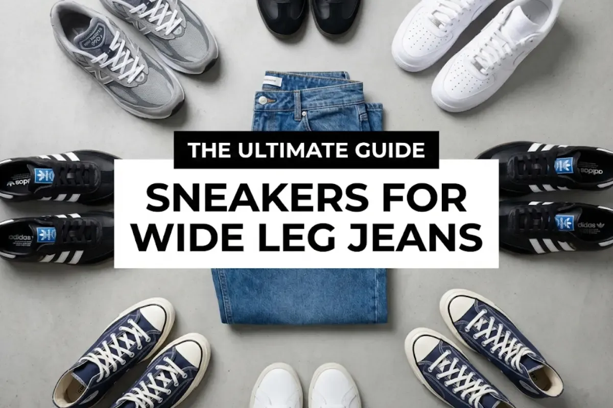 Flat lay thumbnail showing wide-leg jeans surrounded by various sneaker models with guide title text overlay.