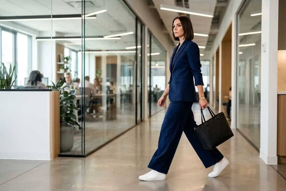 A confident professional woman wearing a tailored navy pantsuit styled with clean white leather sneakers, showcasing a modern business casual sneakers outfit for women.
