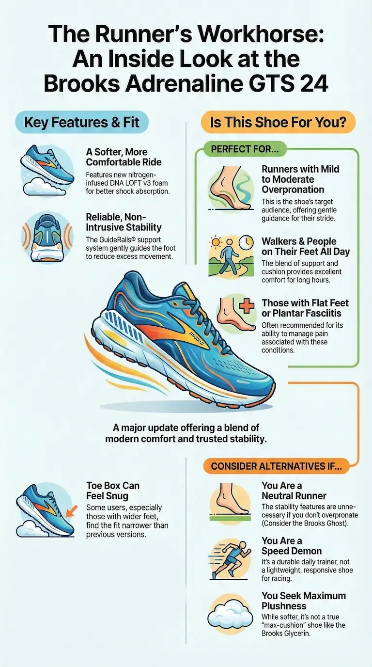 Brooks Adrenaline GTS 24 infographic highlighting softer cushioning, GuideRails stability, ideal users with overpronation or flat feet, and narrower toe box concerns.