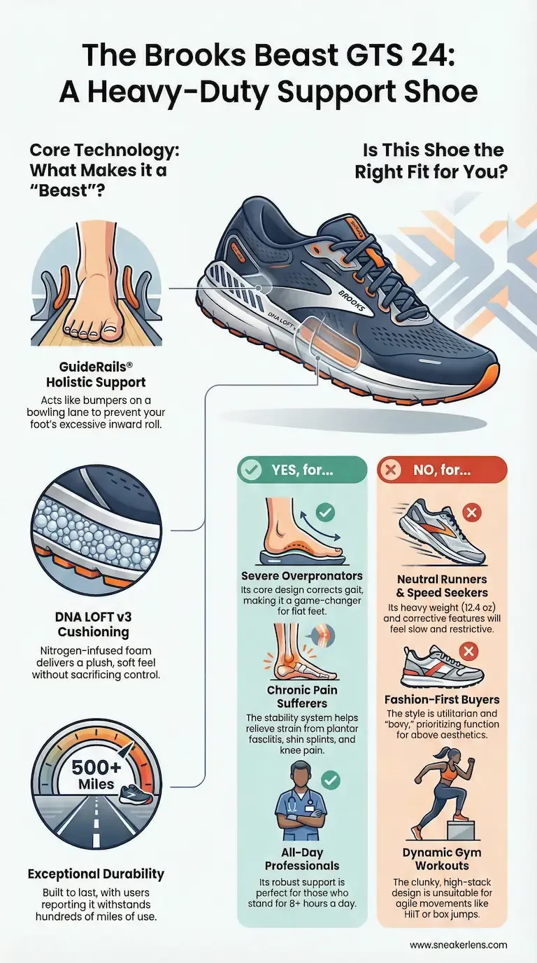 Infographic detailing the Brooks Beast GTS 24 heavy-duty support running shoe features. Shows technology, durability, and ideal user profiles.