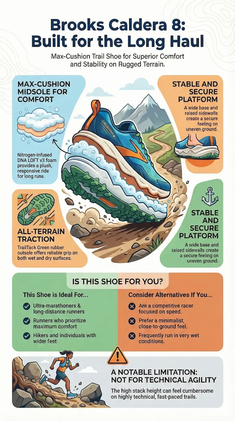 Visual review of the Brooks Caldera 8, focusing on its 'Max-Cushion Midsole' with nitrogen-infused DNA LOFT v3 foam for long hauls.