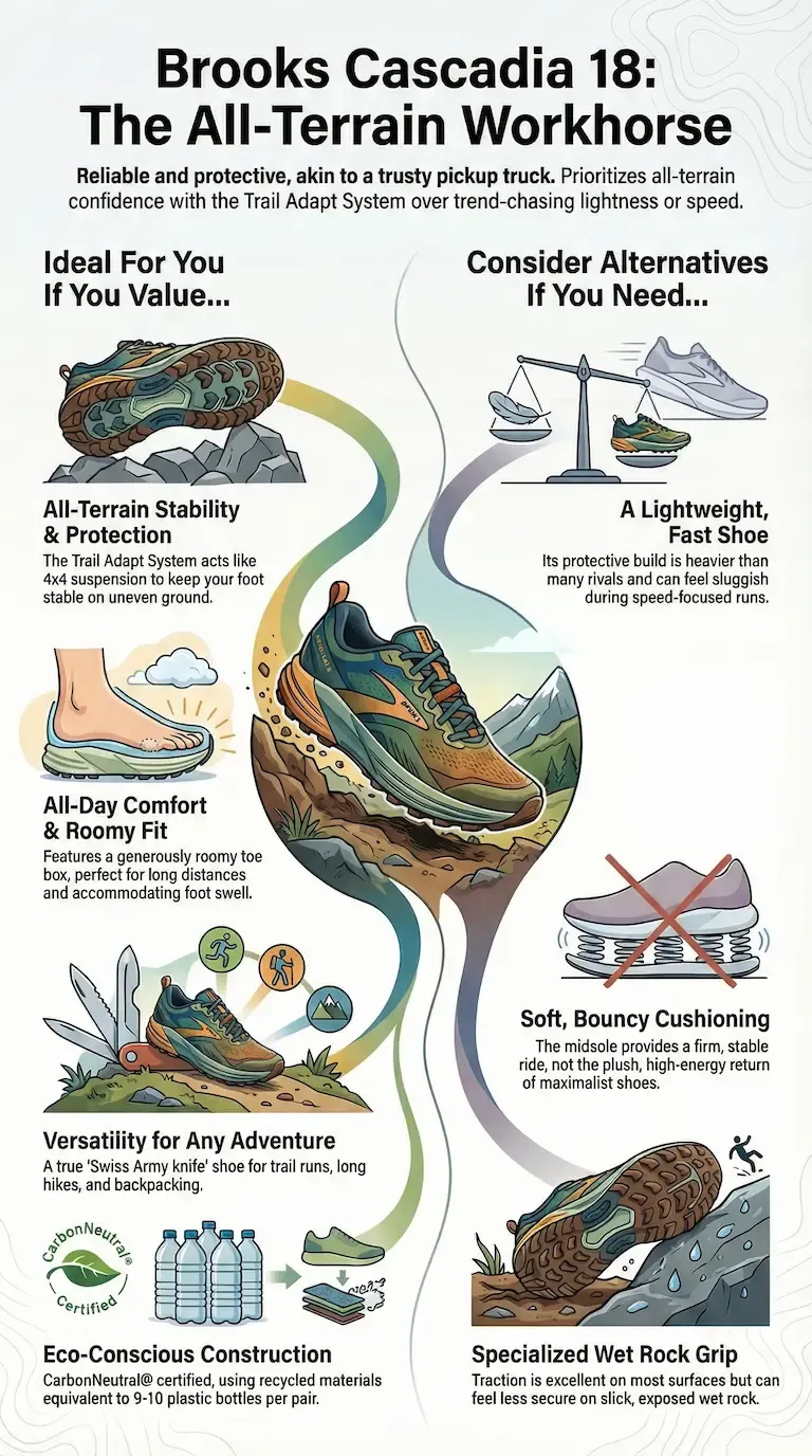 Infographic reviewing the Brooks Cascadia 18, titled 'The All-Terrain Workhorse'. It highlights features like the Trail Adapt System for stability and a roomy toe box.