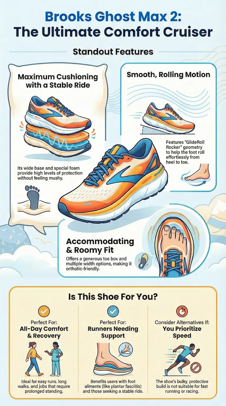 Brooks Ghost Max 2 features infographic highlighting maximum cushioning, GlideRoll Rocker geometry for smooth motion, and a wide base for stability. Ideally suited for recovery runs, walking, and relief from foot ailments like plantar fasciitis.