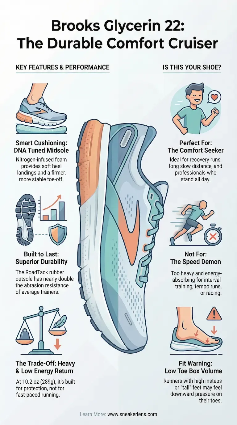 Infographic detailing the Brooks Glycerin 22 running shoe's comfort and durability features. Designed for comfort seekers and long-distance runners, not for speed training.