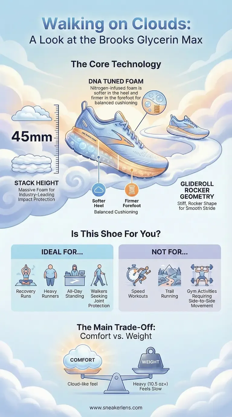 This infographic explains the Brooks Glycerin Max shoe's cloud-like comfort technology. It details the DNA Tuned Foam and Glideroll Rocker Geometry features designed for balanced cushioning.