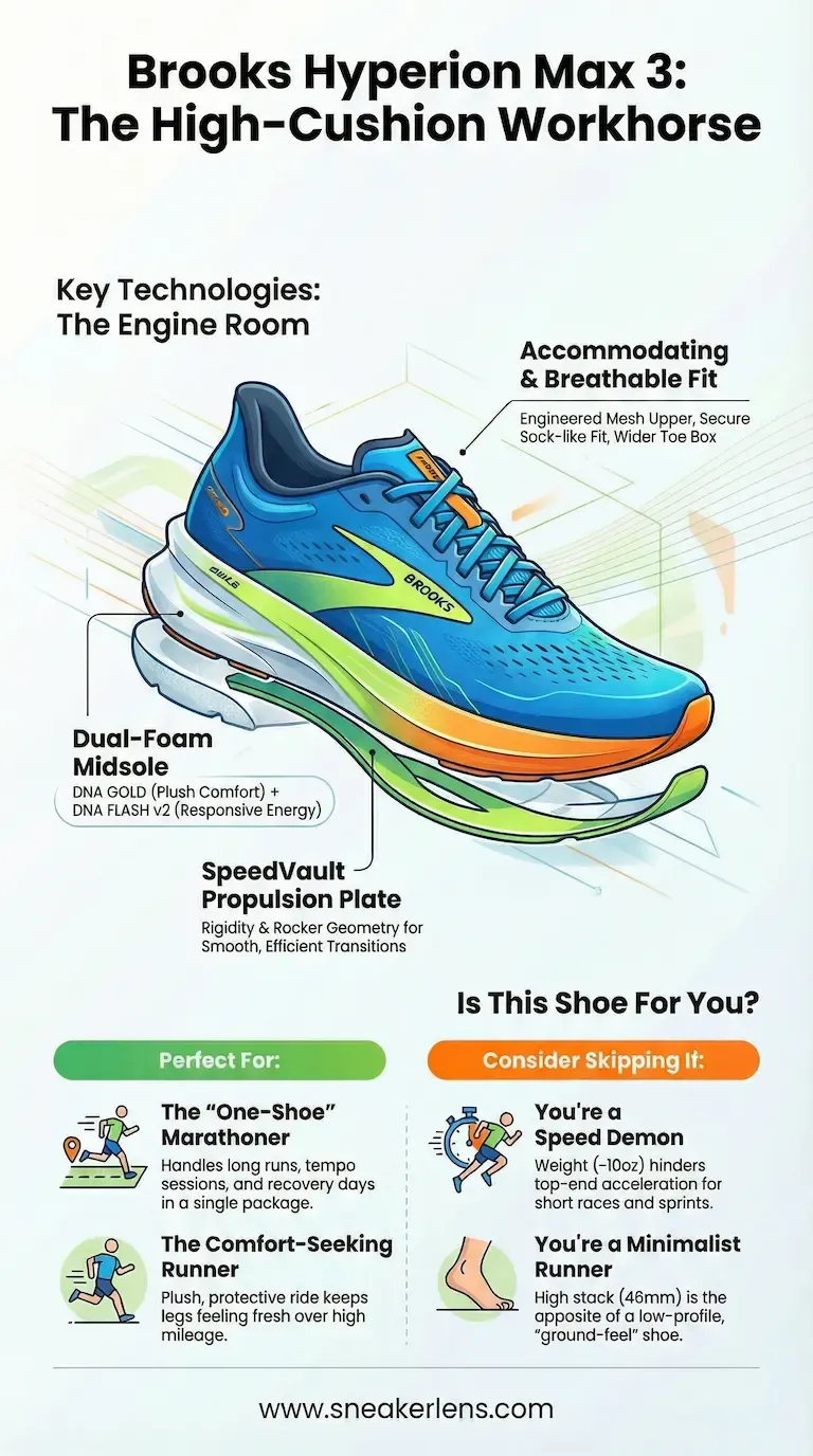 This infographic details the Brooks Hyperion Max 3 running shoe's key technologies and ideal user profiles. It explains who should choose this high-cushion workhorse and who might want to skip it.