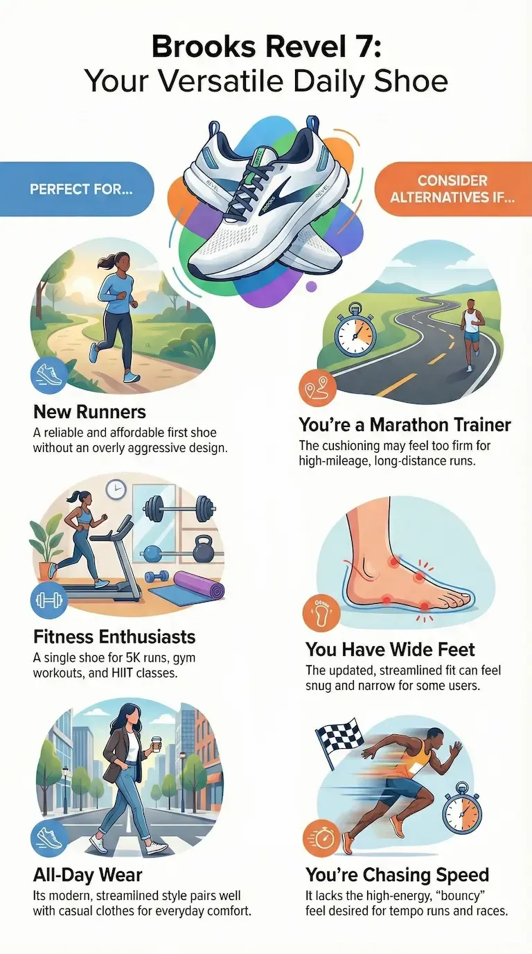 Brooks Revel 7 buying guide infographic. The graphic explains it is perfect for new runners, fitness enthusiasts, and all-day wear, while suggesting alternatives for marathon trainers, people with wide feet, or runners chasing speed.