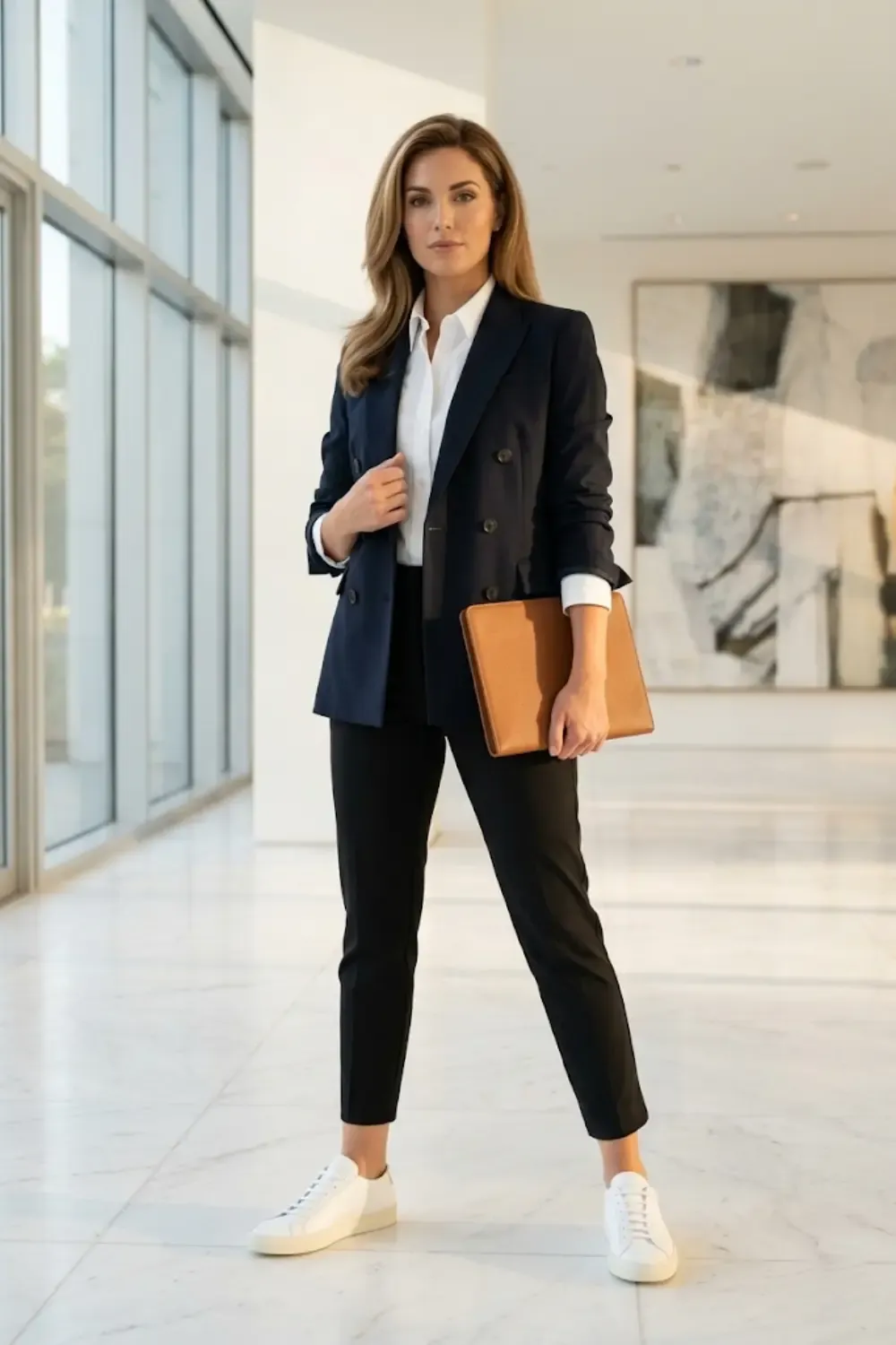 A high-powered creative professional woman transitioning from a meeting to a gallery, shown head-to-toe.