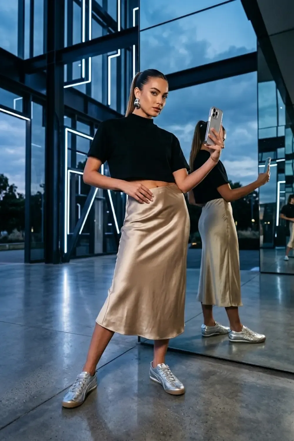 A fashion forward woman demonstrating the 'Wrong Shoe Theory' by pairing athletic wear with evening-ready silk.