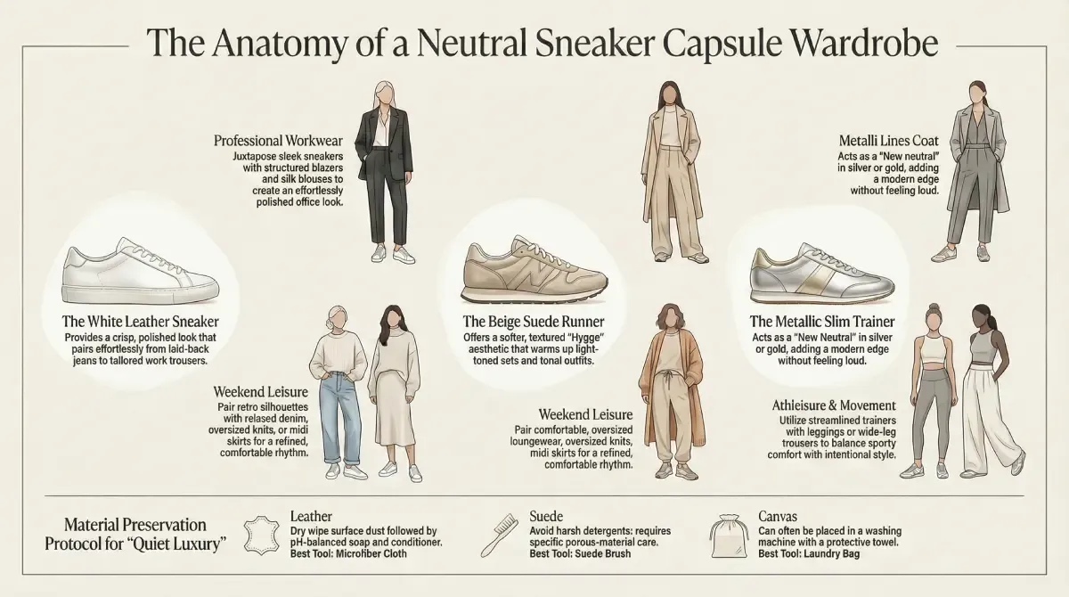 Visual breakdown showing a white leather sneaker, a beige suede runner, and a metallic slim trainer bridging different outfit categories like workwear, weekend wear, and athleisure