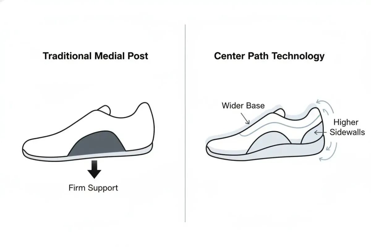 An infographic comparing a traditional medial post for stability with Saucony's modern Center Path Technology, which uses a wider, cradling base.