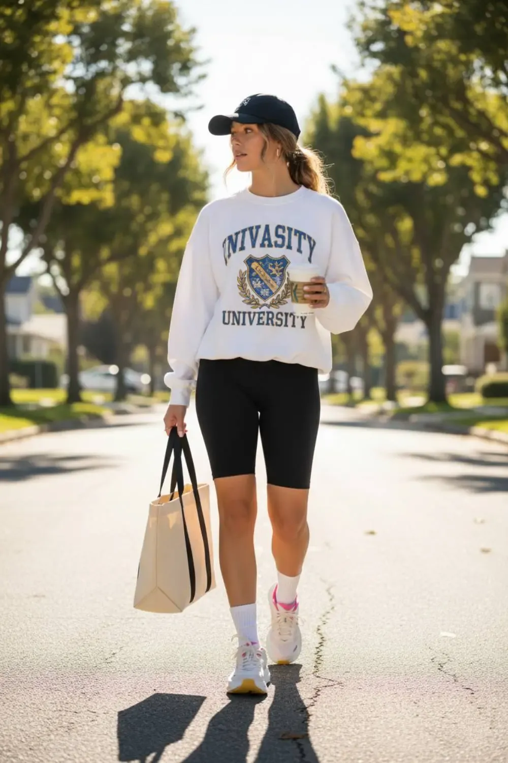 Woman in a white graphic university sweatshirt, black biker shorts, a black baseball cap, and white Hoka Clifton 9 sneakers, walking down a suburban street.