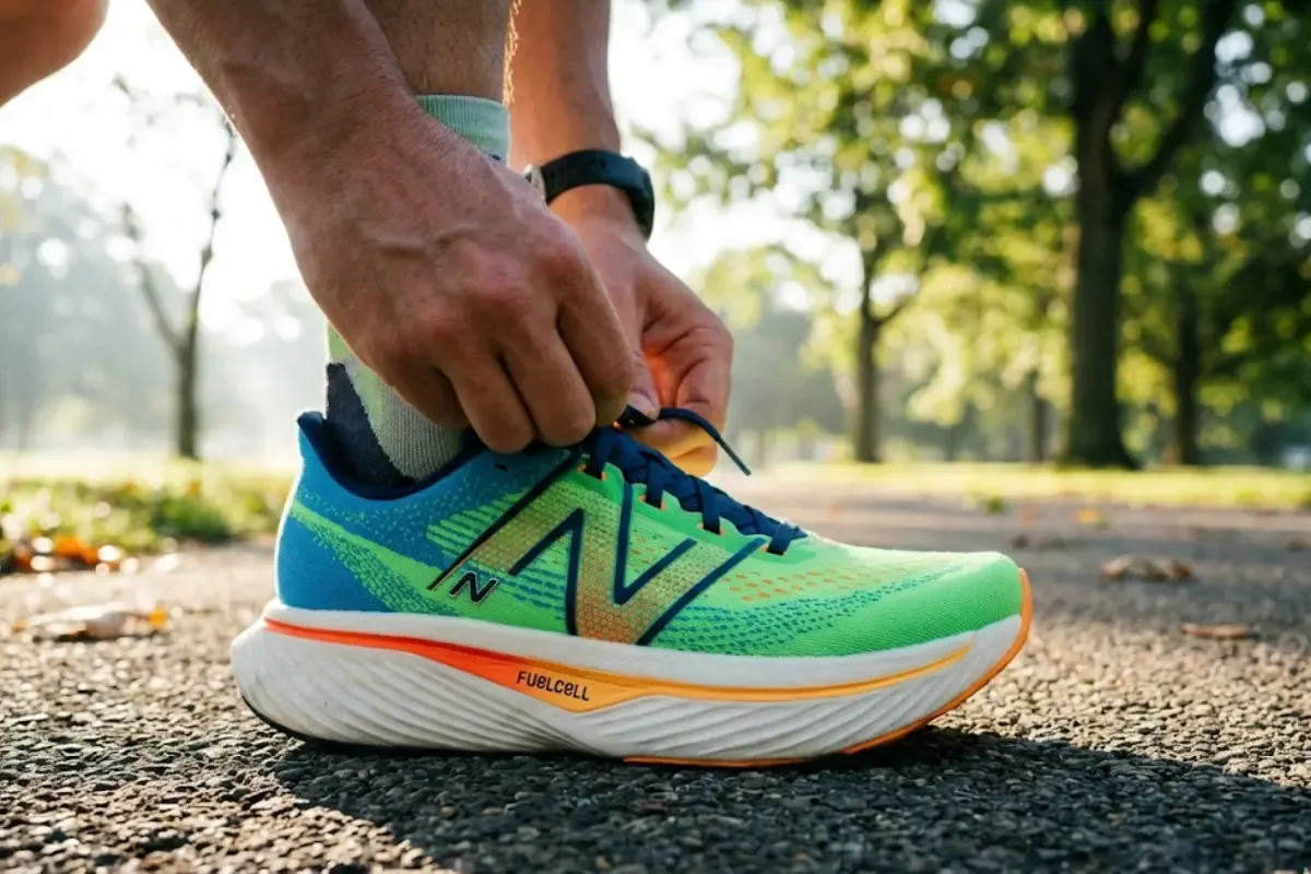 A close-up, ground-level shot of a runner tying the laces of a vibrant New Balance SuperComp Elite on a textured asphalt road.