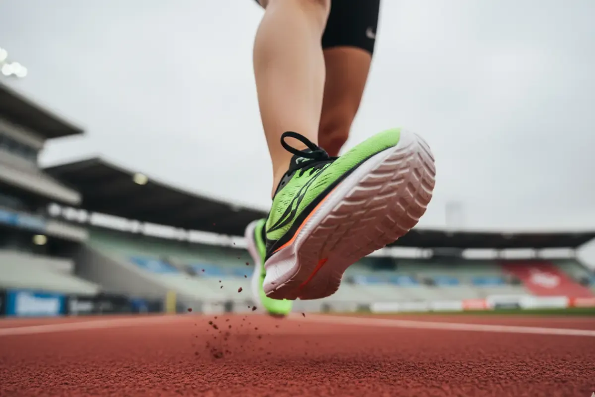 A close-up, low-angle action shot of a runner's foot in the Saucony Endorphin Pro 4, pushing off a track at high speed.